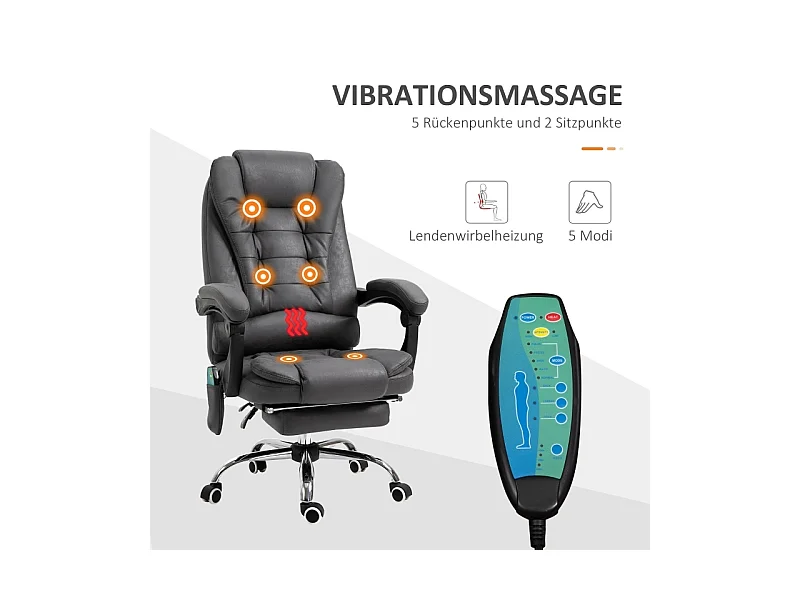 Chaise de bureau ergonomique avec massage et chauffage, 6 points de massage, repose-pieds, télécommande, revêtement polyester, couleur gris, confortable
