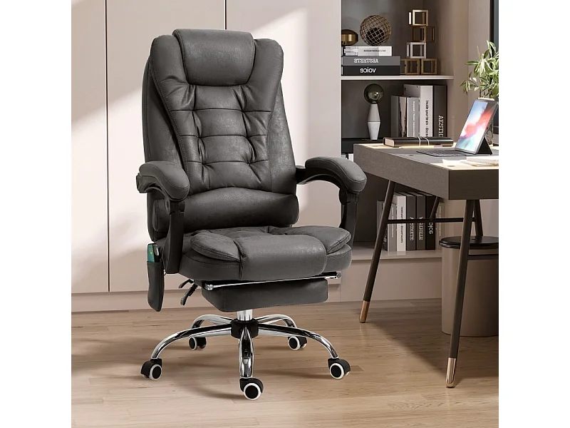 Chaise de bureau ergonomique avec massage et chauffage, 6 points de massage, repose-pieds, télécommande, revêtement polyester, couleur gris, confortable