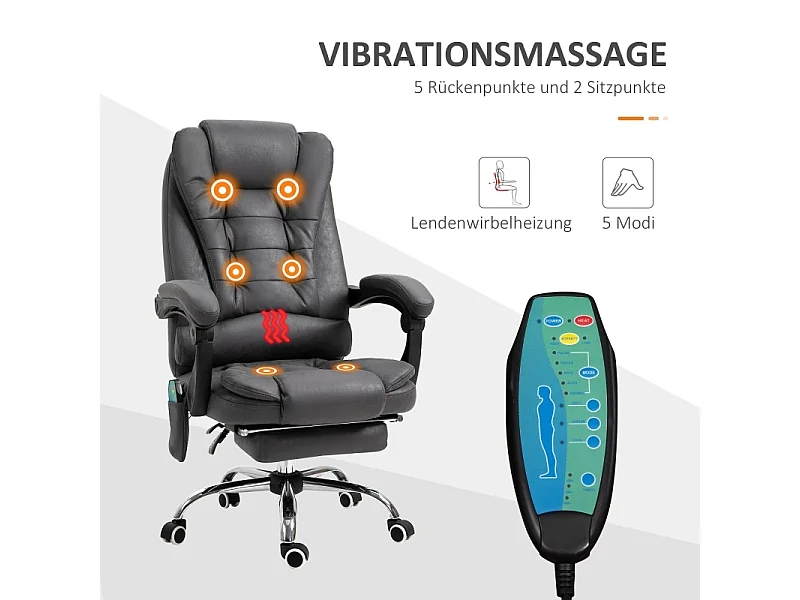 Chaise de bureau ergonomique avec massage et chauffage, 6 points de massage, repose-pieds, télécommande, revêtement polyester, couleur gris, confortable