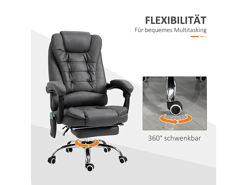 Chaise de bureau ergonomique avec massage et chauffage, 6 points de massage, repose-pieds, télécommande, revêtement polyester, couleur gris, confortable