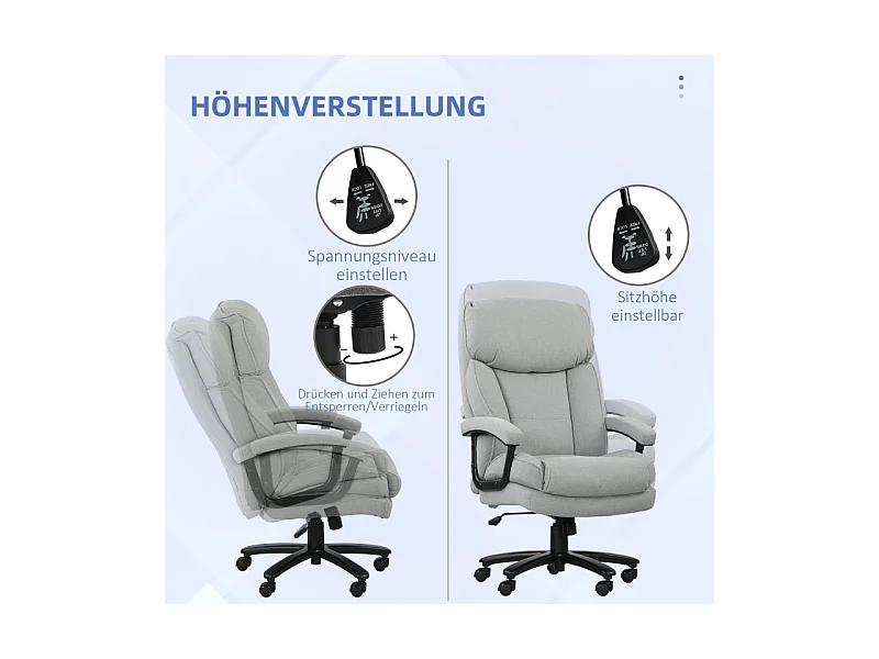 Fauteuil de bureau avec dossier haut, structure robuste, assise rembourrée, supporte jusqu'à 200 kg, gris clair, confortable pour bureau