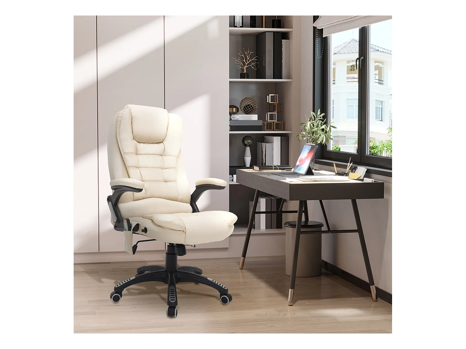 Fauteuil de bureau massant avec 6 points de vibration et fonction chauffage, pivotant, revêtement en simili cuir, ergonomique et confortable, beige
