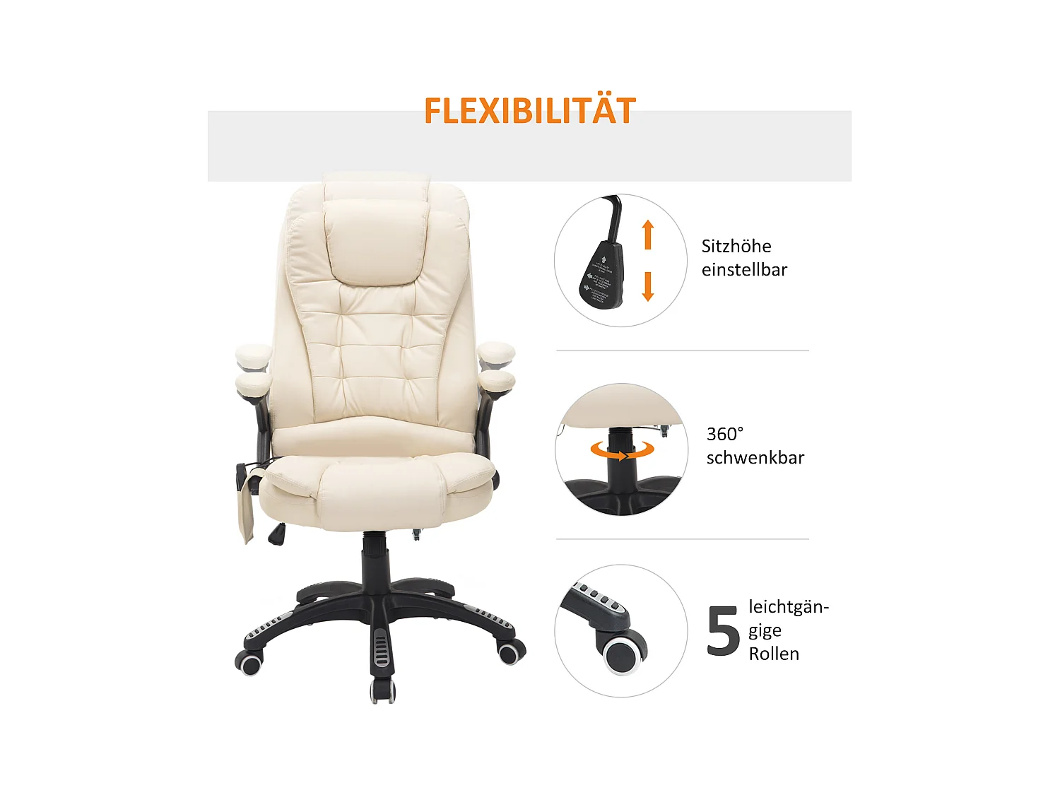 Fauteuil de bureau massant avec 6 points de vibration et fonction chauffage, pivotant, revêtement en simili cuir, ergonomique et confortable, beige