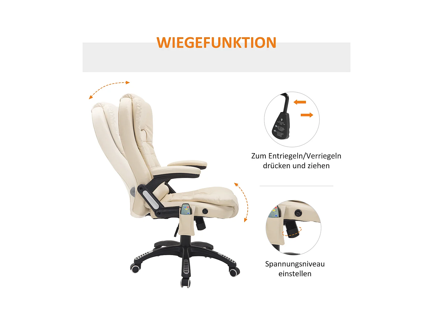 Fauteuil de bureau massant avec 6 points de vibration et fonction chauffage, pivotant, revêtement en simili cuir, ergonomique et confortable, beige
