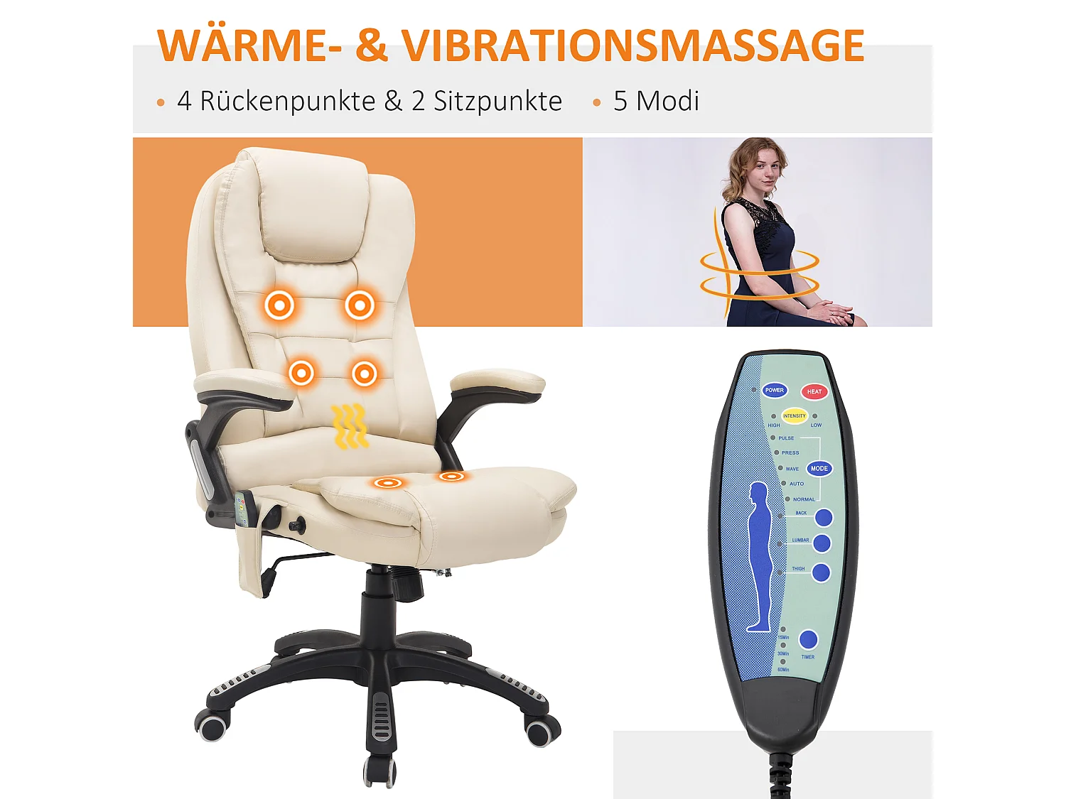 Fauteuil de bureau massant avec 6 points de vibration et fonction chauffage, pivotant, revêtement en simili cuir, ergonomique et confortable, beige