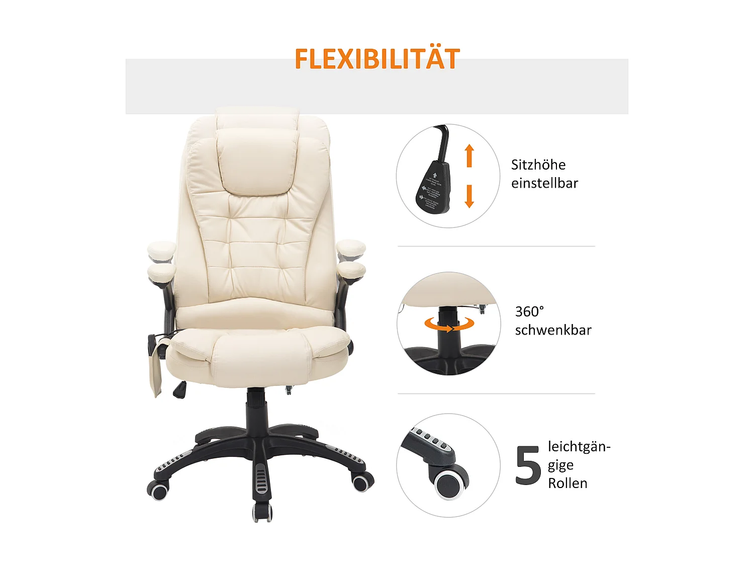 Fauteuil de bureau massant avec 6 points de vibration et fonction chauffage, pivotant, revêtement en simili cuir, ergonomique et confortable, beige