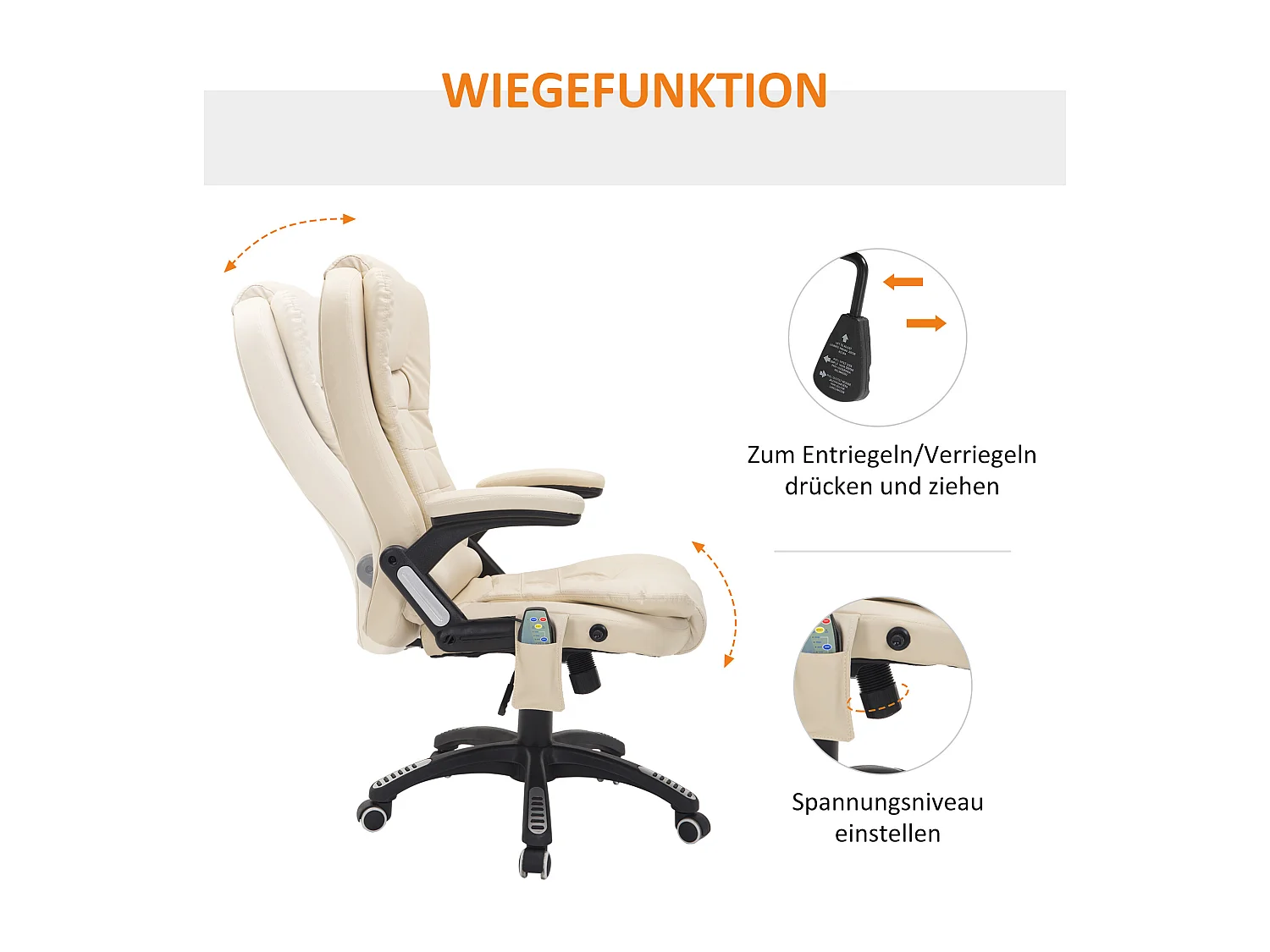 Fauteuil de bureau massant avec 6 points de vibration et fonction chauffage, pivotant, revêtement en simili cuir, ergonomique et confortable, beige