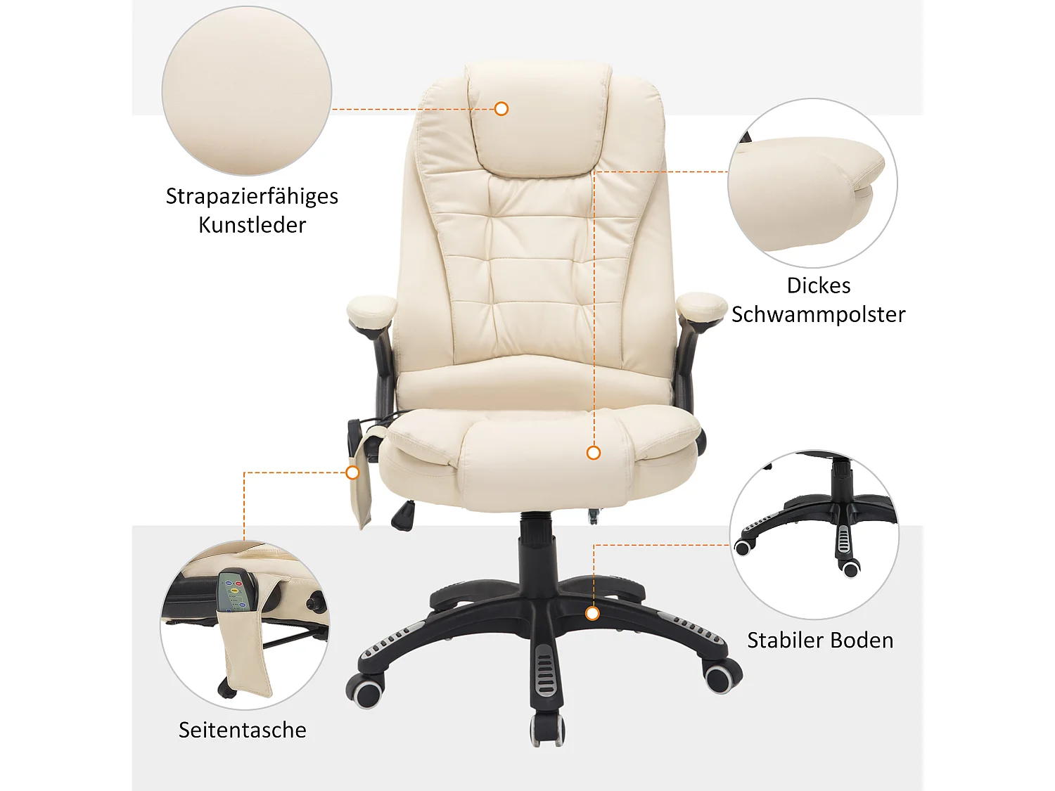Fauteuil de bureau massant avec 6 points de vibration et fonction chauffage, pivotant, revêtement en simili cuir, ergonomique et confortable, beige