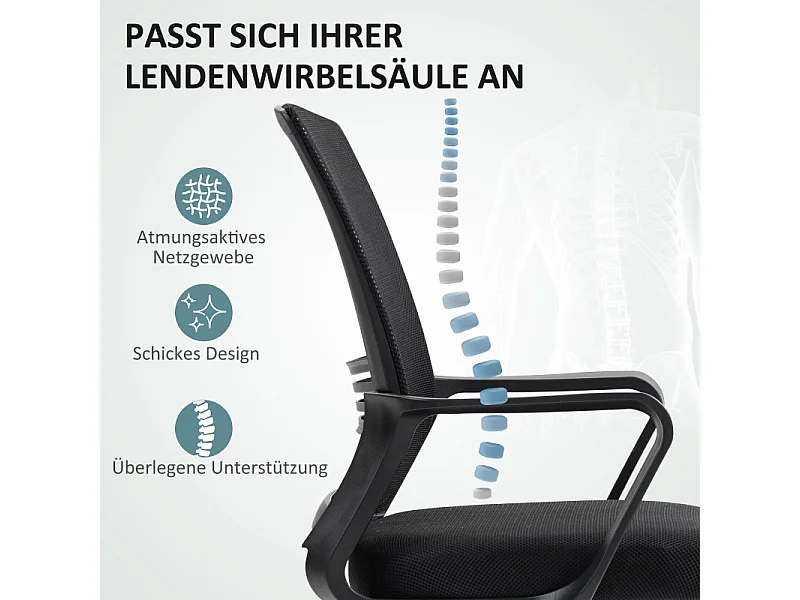 Chaise de bureau pivotante et réglable avec roulettes, fauteuil confortable noir, idéale pour bureau et home office