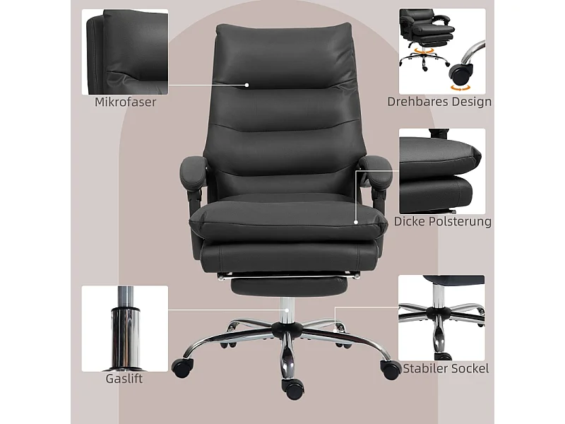 Silla de oficina ergonómica con masaje, función de inclinación y calefacción, altura ajustable, reposapiés, giratoria, color negro