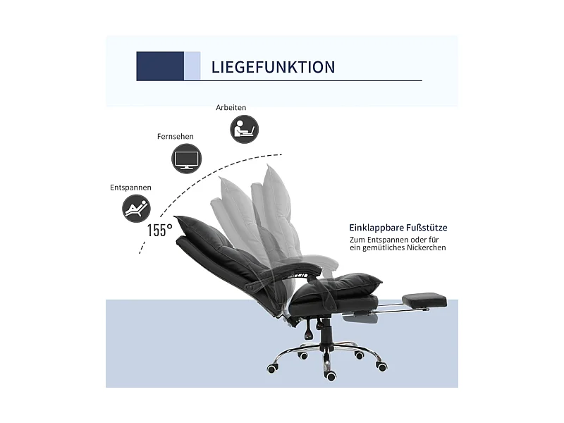 Chaise de bureau pivotante et réglable en hauteur avec repose-pieds, revêtement cuir synthétique noir, confortable pour travailler