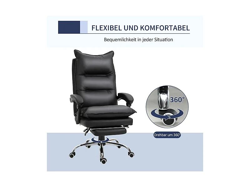 Chaise de bureau pivotante et réglable en hauteur avec repose-pieds, revêtement cuir synthétique noir, confortable pour travailler