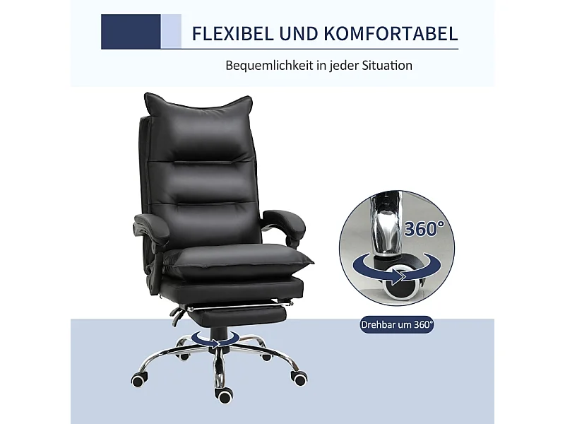 Chaise de bureau pivotante et réglable en hauteur avec repose-pieds, revêtement cuir synthétique noir, confortable pour travailler