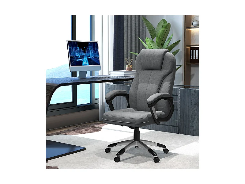 Cadeira de escritório ergonômica ajustável com balanço, braços e apoio de cabeça, estofamento em tecido cinza com efeito linho, dimensões 66x75x110-120 cm