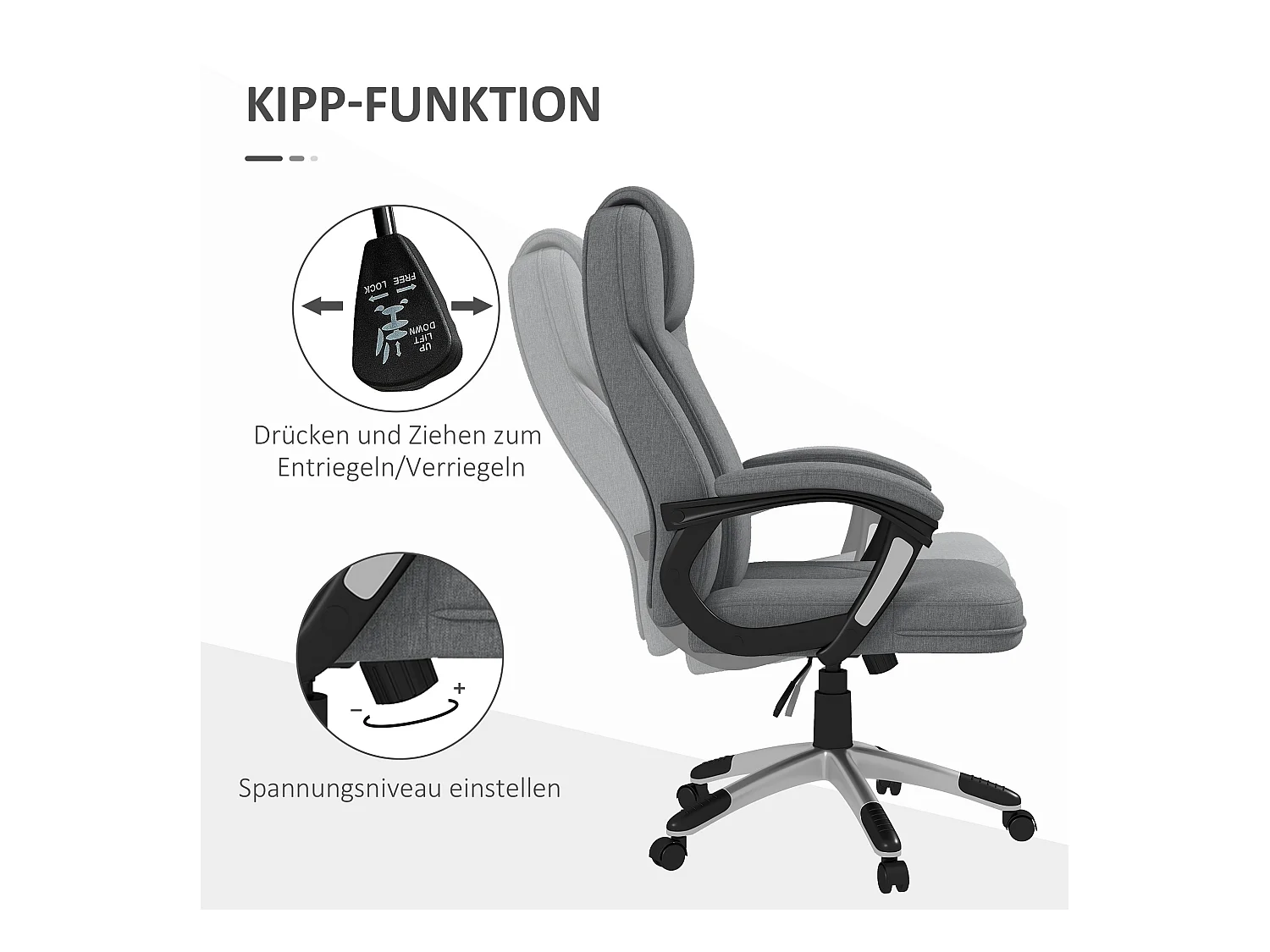 Fauteuil de bureau ergonomique réglable, avec bascule, accoudoirs et appui-tête, revêtement gris aspect lin, dimensions 66x75x110-120 cm