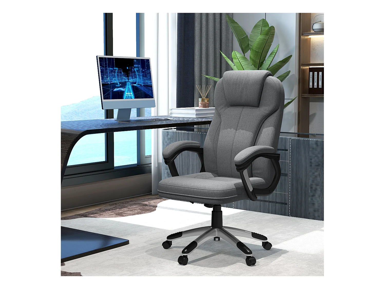 Verstelbare ergonomische bureaustoel met schommelstoel, armleuningen en hoofdsteun, bekleding in grijze linnenlook, afmetingen 66x75x110-120 cm