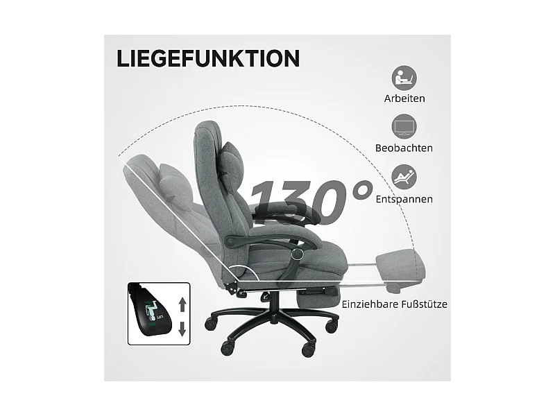 Chaise de bureau avec fonction massage, USB intégré, roulettes pivotantes, siège ergonomique, couleur gris, confortable pour home office