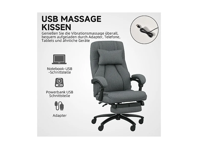 Chaise de bureau avec fonction massage, USB intégré, roulettes pivotantes, siège ergonomique, couleur gris, confortable pour home office