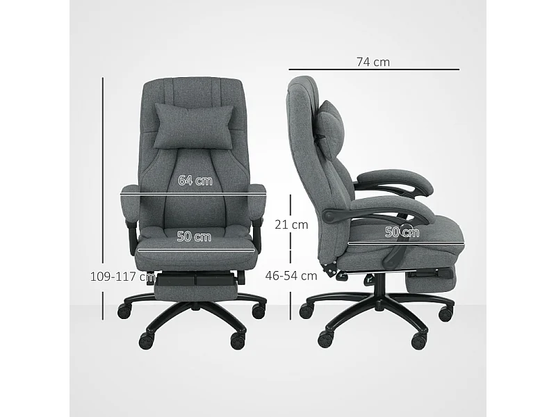 Chaise de bureau avec fonction massage, USB intégré, roulettes pivotantes, siège ergonomique, couleur gris, confortable pour home office