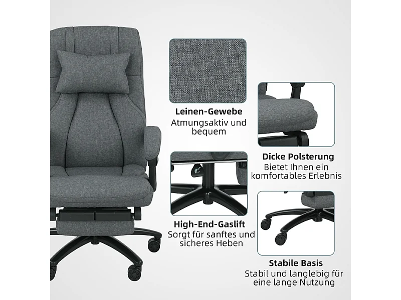 Chaise de bureau avec fonction massage, USB intégré, roulettes pivotantes, siège ergonomique, couleur gris, confortable pour home office