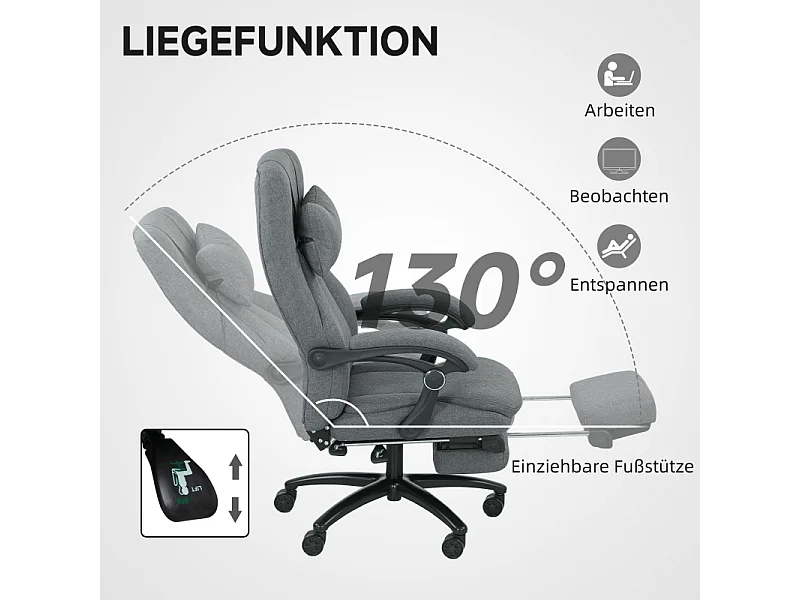Chaise de bureau avec fonction massage, USB intégré, roulettes pivotantes, siège ergonomique, couleur gris, confortable pour home office