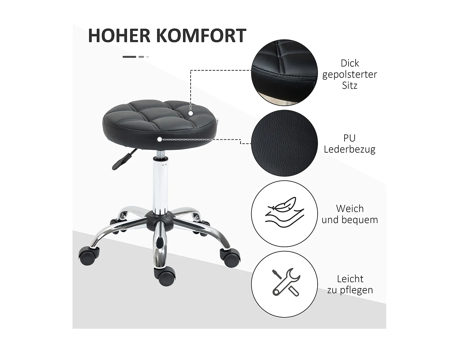 Lot de 2 tabourets pivotants pour salon, réglables en hauteur, avec roulettes, revêtement simili cuir noir,  parfait pour coiffeur ou institut de beauté