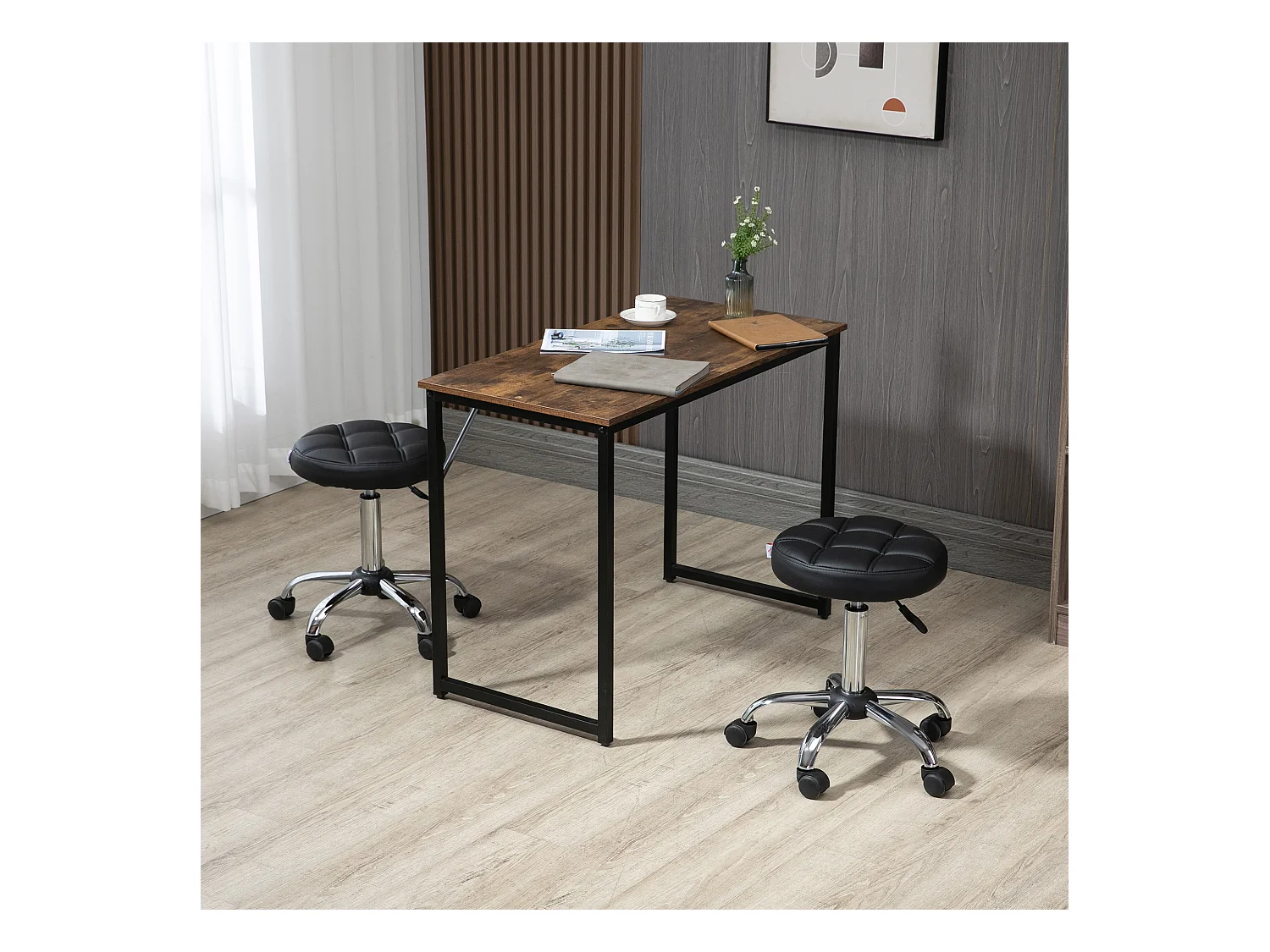 Set van 2 draaibare krukken voor salons, in hoogte verstelbaar, met wieltjes, zwarte imitatieleren bekleding, perfect voor kappers of schoonheidssalons