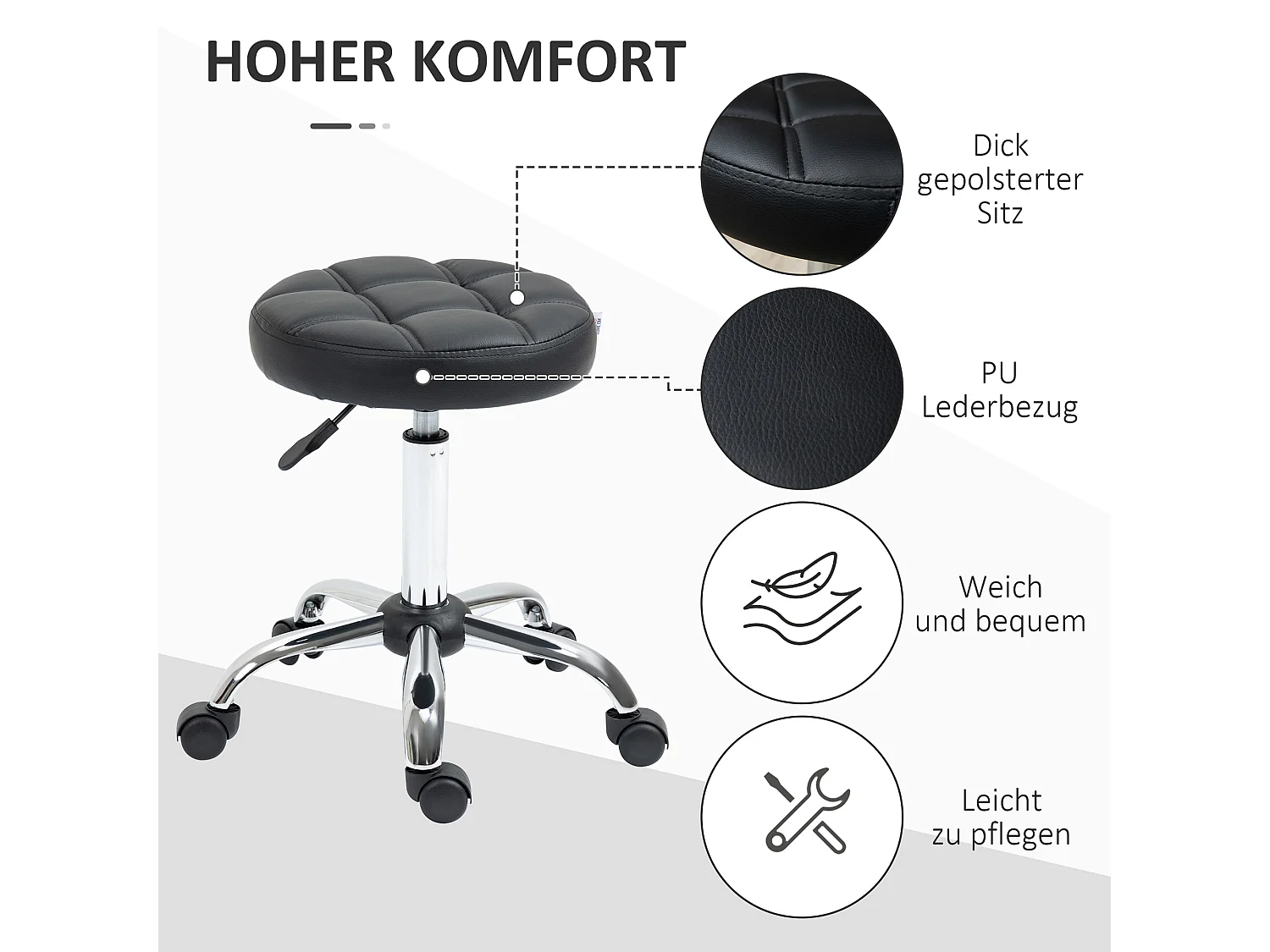 Lot de 2 tabourets pivotants pour salon, réglables en hauteur, avec roulettes, revêtement simili cuir noir,  parfait pour coiffeur ou institut de beauté