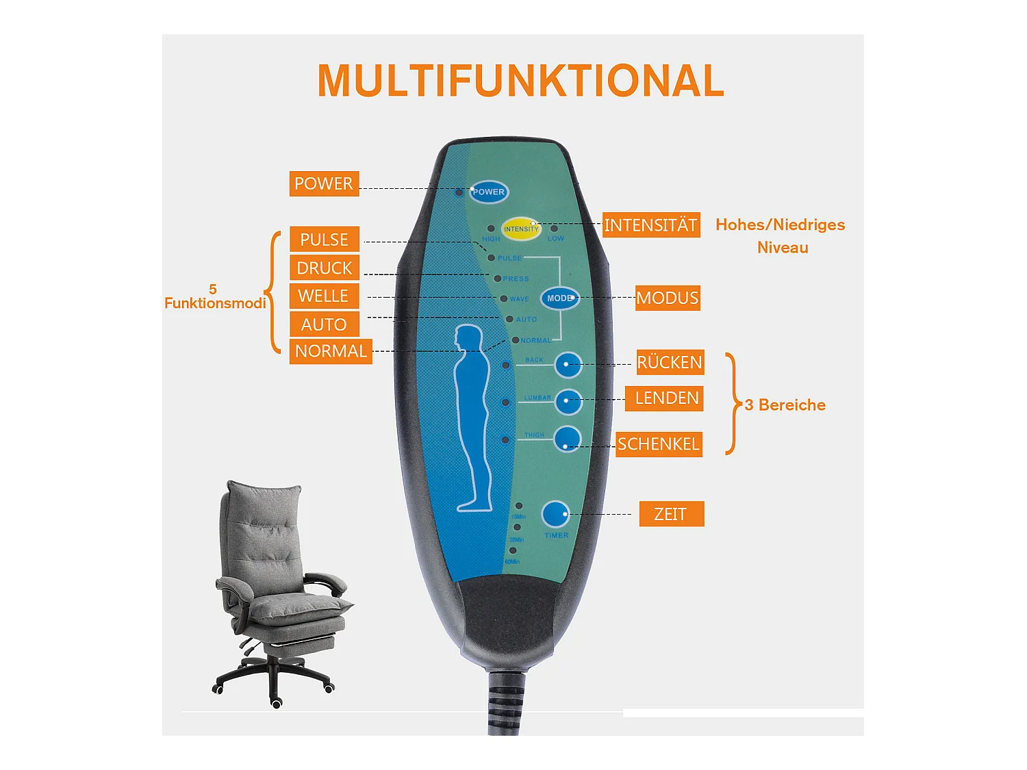 Fauteuil de bureau ergonomique avec massage, repose-pieds rétractable, réglable en hauteur, gris, pour un confort optimal au bureau