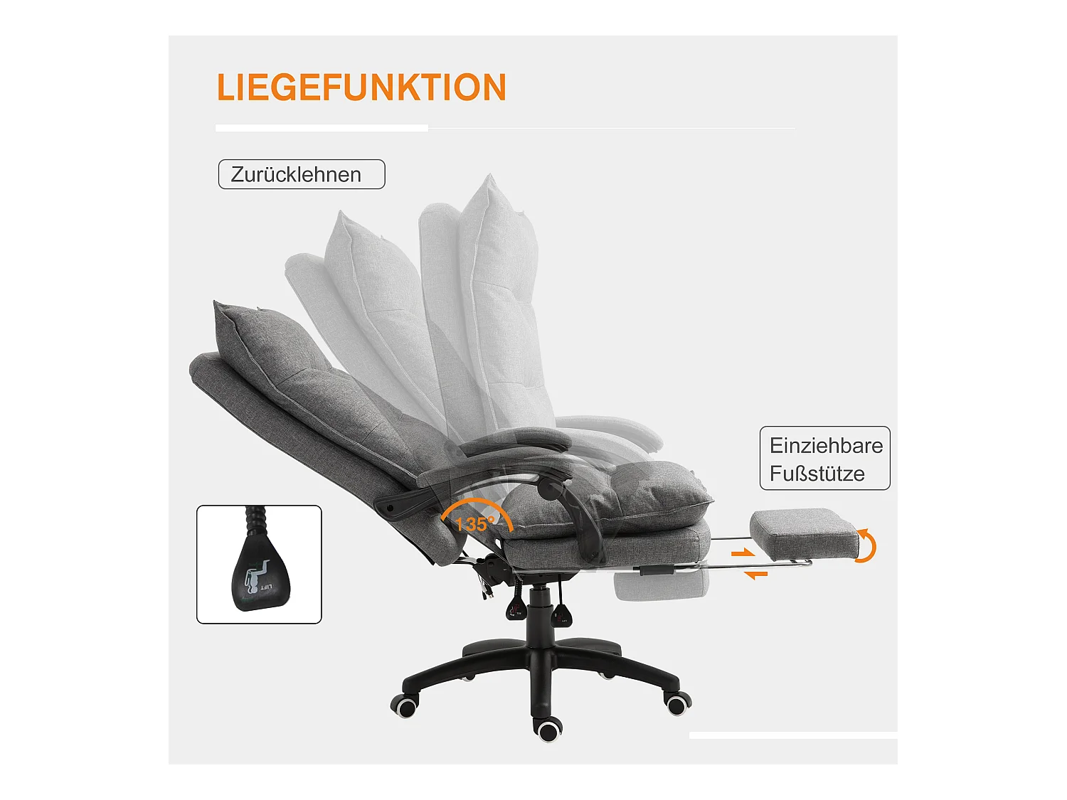 Fauteuil de bureau ergonomique avec massage, repose-pieds rétractable, réglable en hauteur, gris, pour un confort optimal au bureau