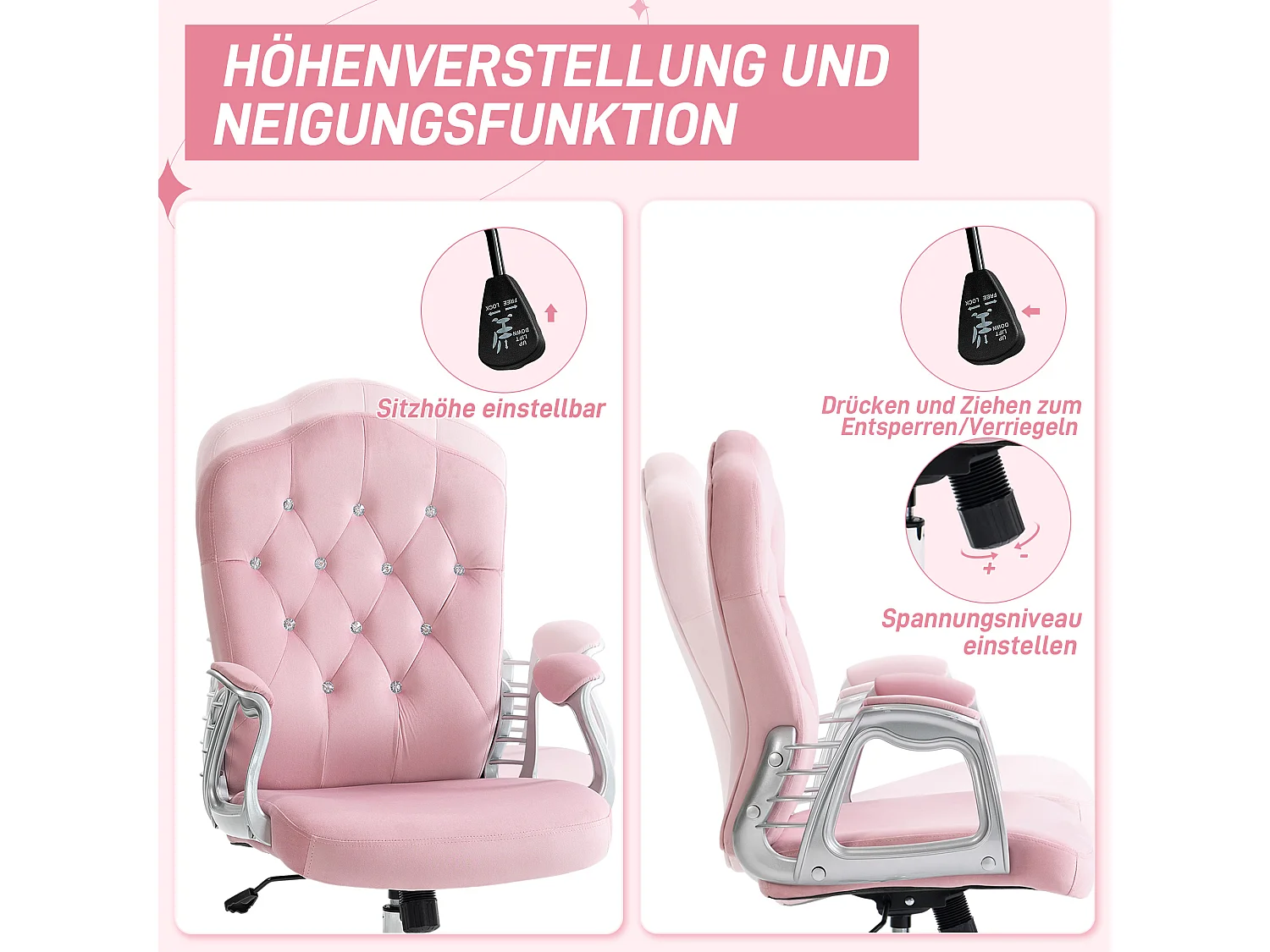 Chaise de bureau ergonomique pour femmes, avec fonction bascule, réglable en hauteur, capacité 120 kg, couleur rose, pour home office