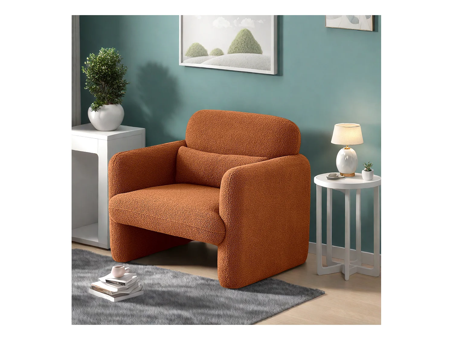 Poltrona singola arancione in morbida pelle di agnello, struttura in legno massello, seduta imbottita, ideale per soggiorno, camera da letto o ufficio