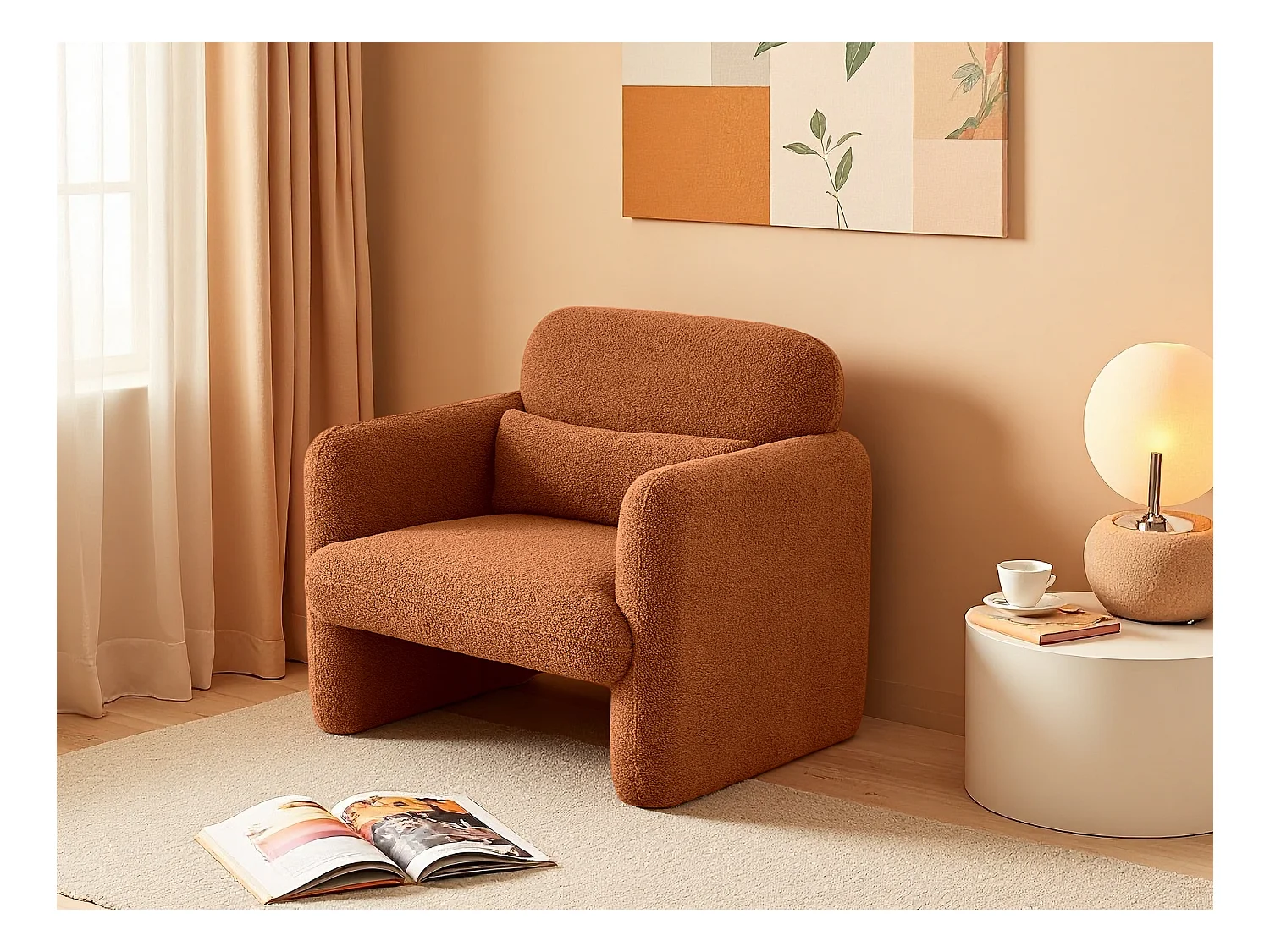 Poltrona singola arancione in morbida pelle di agnello, struttura in legno massello, seduta imbottita, ideale per soggiorno, camera da letto o ufficio