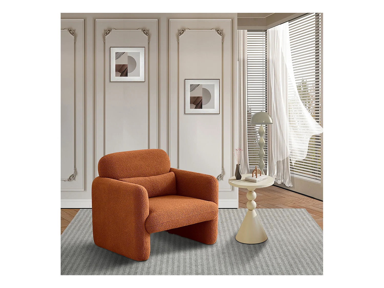 Oranje luie stoel van pluche, zachte lamsvachtstof, massief houten frame, gewatteerde zitting, ideaal voor woonkamer, slaapkamer of kantoor