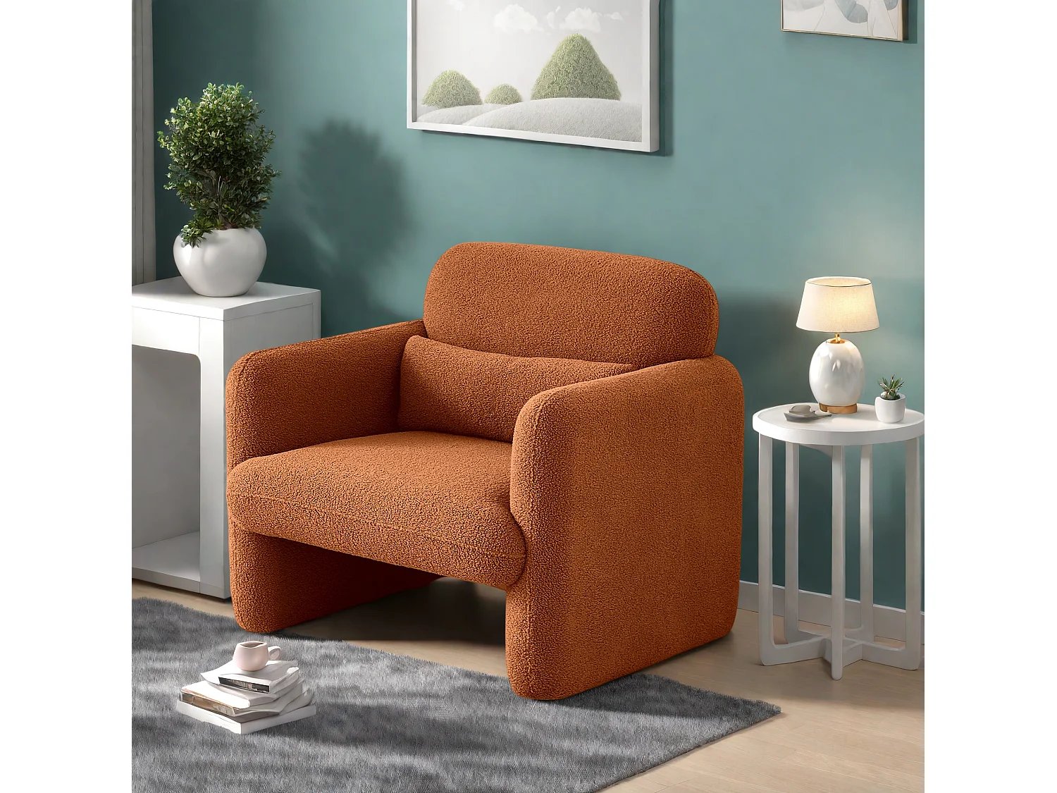 Fauteuil une place en peluche orange, tissu d’agneau doux, cadre en bois massif, siège rembourré, idéal pour salon, chambre ou bureau