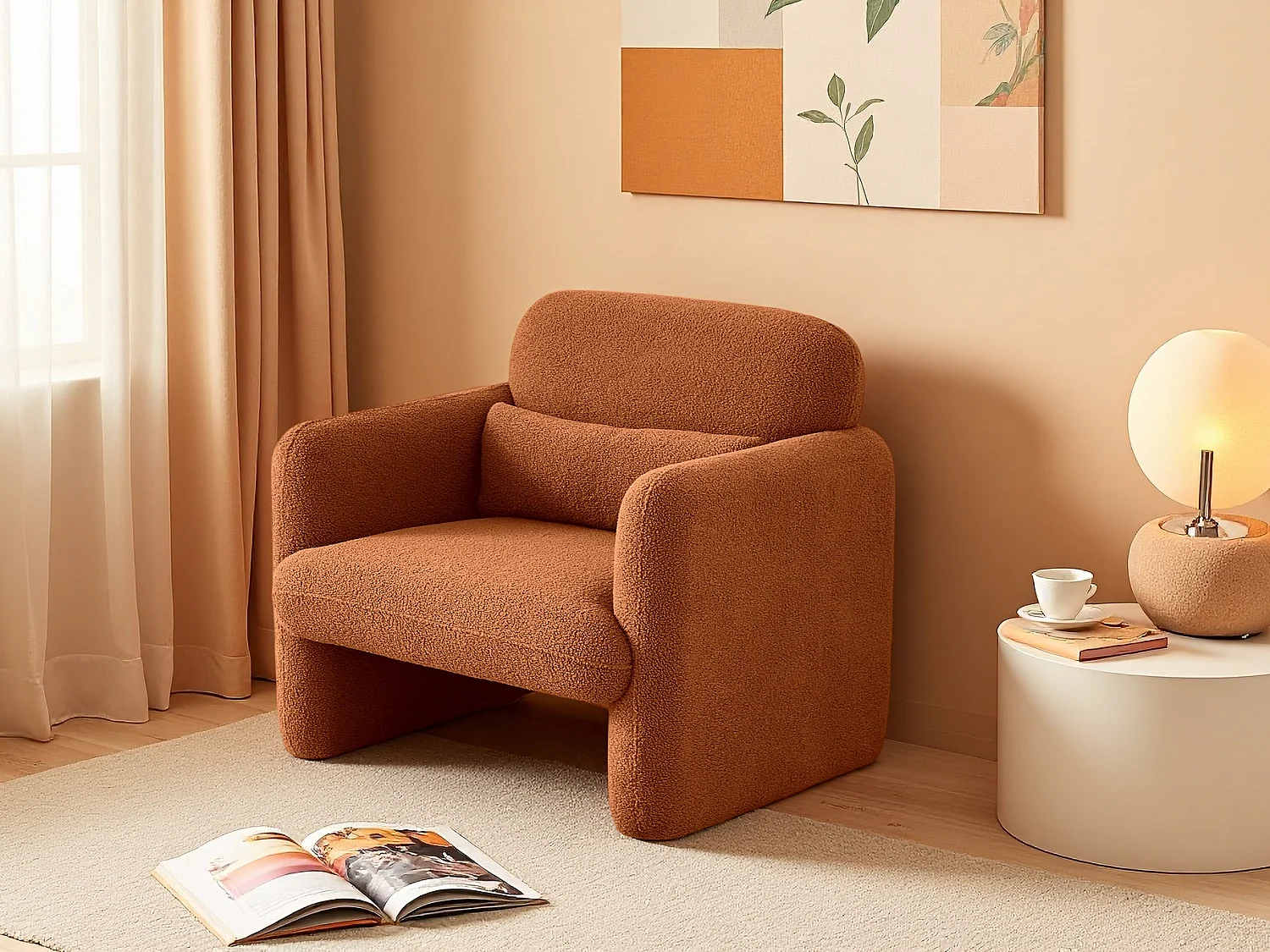 Fauteuil une place en peluche orange, tissu d’agneau doux, cadre en bois massif, siège rembourré, idéal pour salon, chambre ou bureau