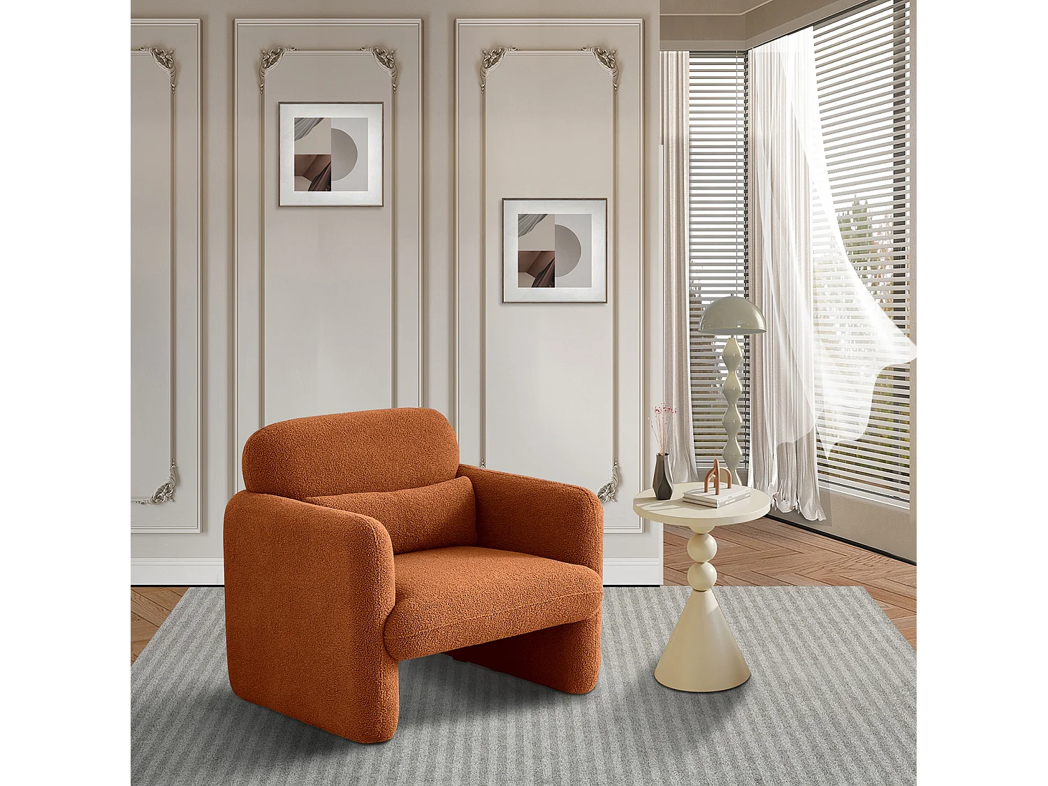 Fauteuil une place en peluche orange, tissu d’agneau doux, cadre en bois massif, siège rembourré, idéal pour salon, chambre ou bureau