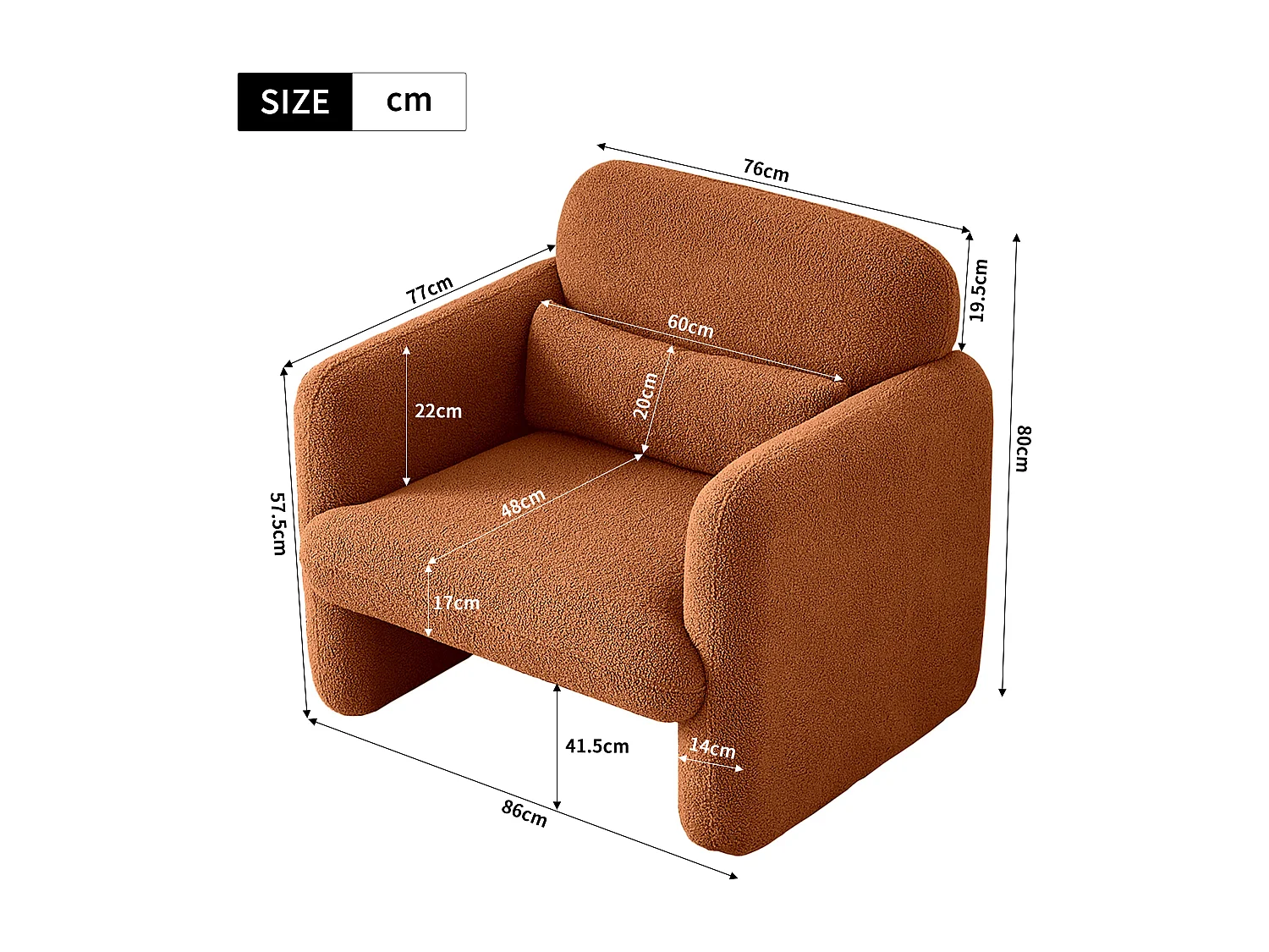 Fauteuil une place en peluche orange, tissu d’agneau doux, cadre en bois massif, siège rembourré, idéal pour salon, chambre ou bureau
