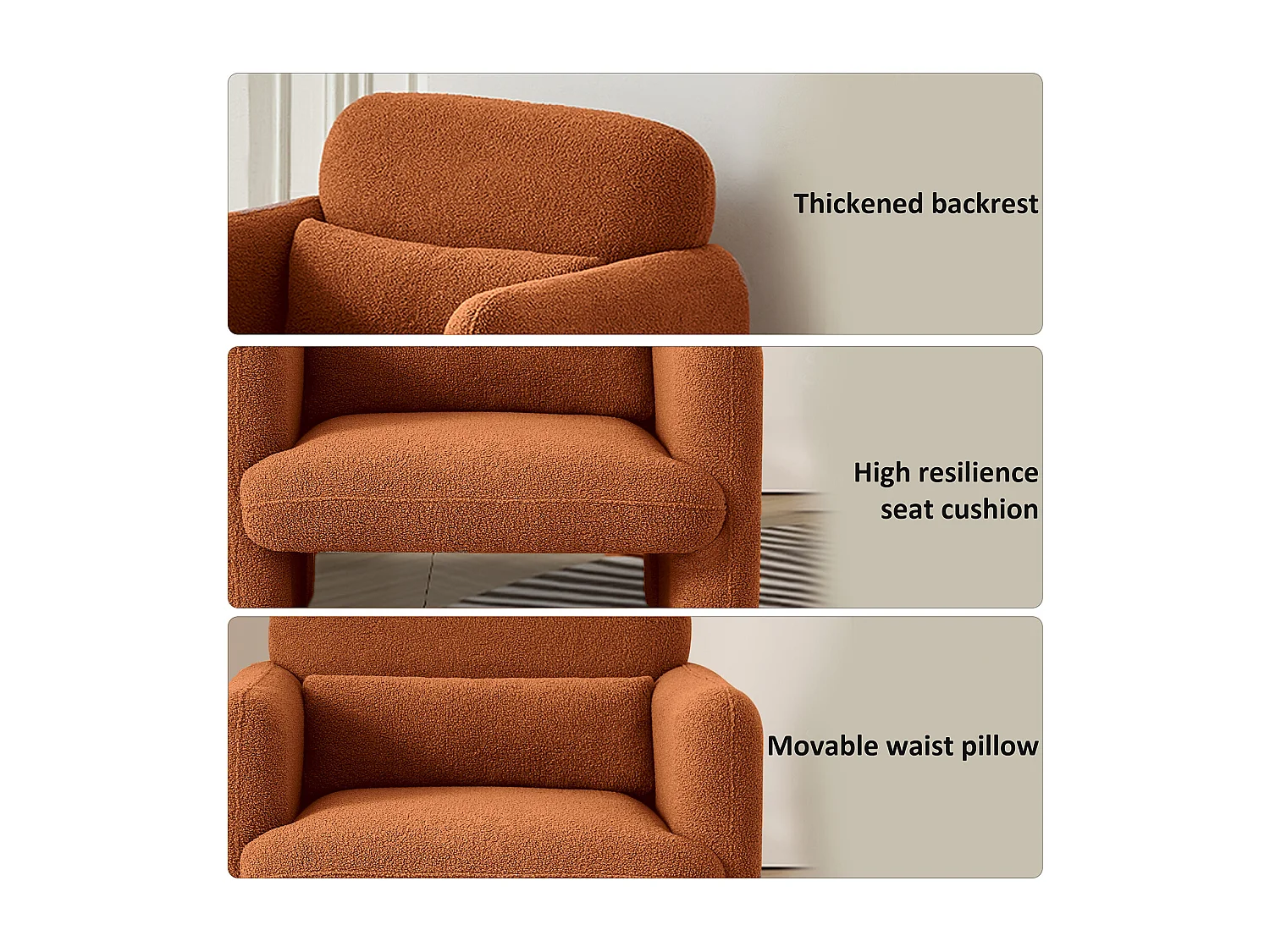 Fauteuil une place en peluche orange, tissu d’agneau doux, cadre en bois massif, siège rembourré, idéal pour salon, chambre ou bureau