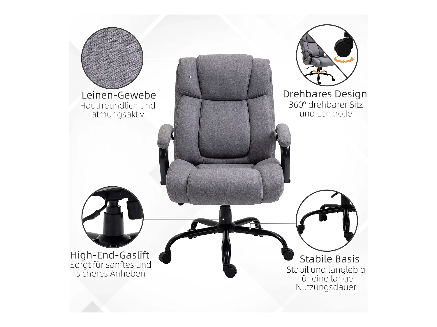 Fauteuil de bureau ergonomique avec fonction basculante, assise épaisse et rembourrée, supporte jusqu'à 220 kg, idéal pour le travail ou le gaming