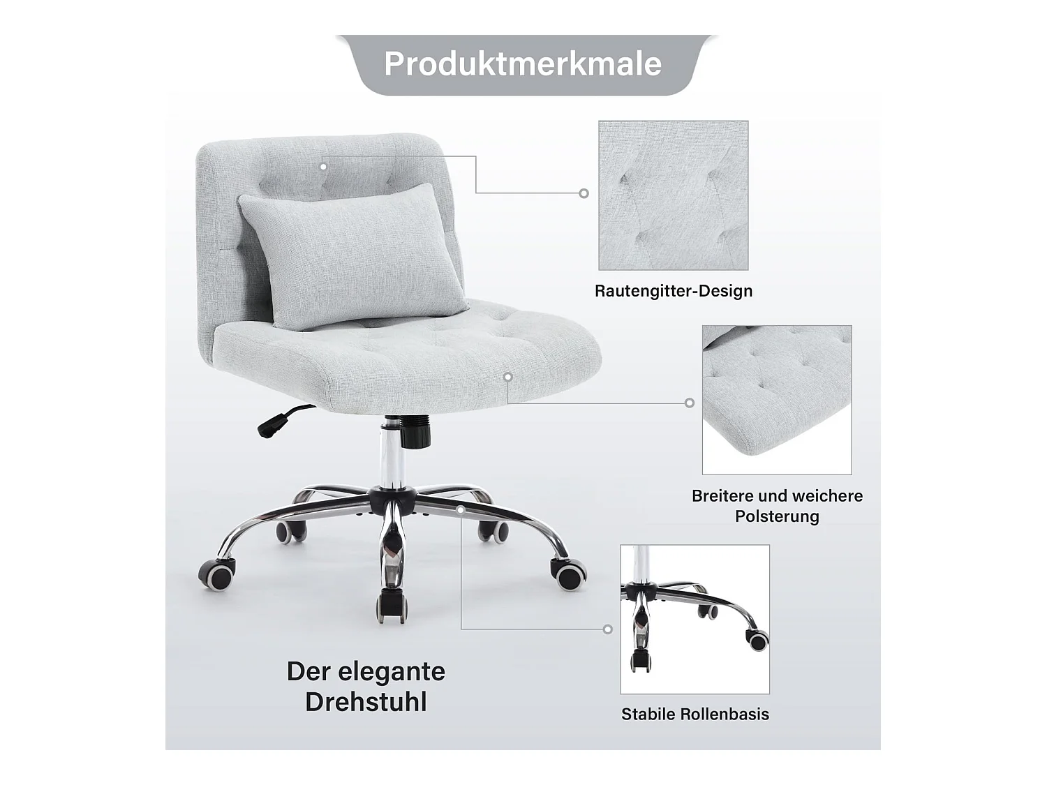 Chaise de bureau pivotante sans accoudoirs en lin avec coussin lombaire, siège avec roulettes pour chambre ou bureau, capacité 160 kg