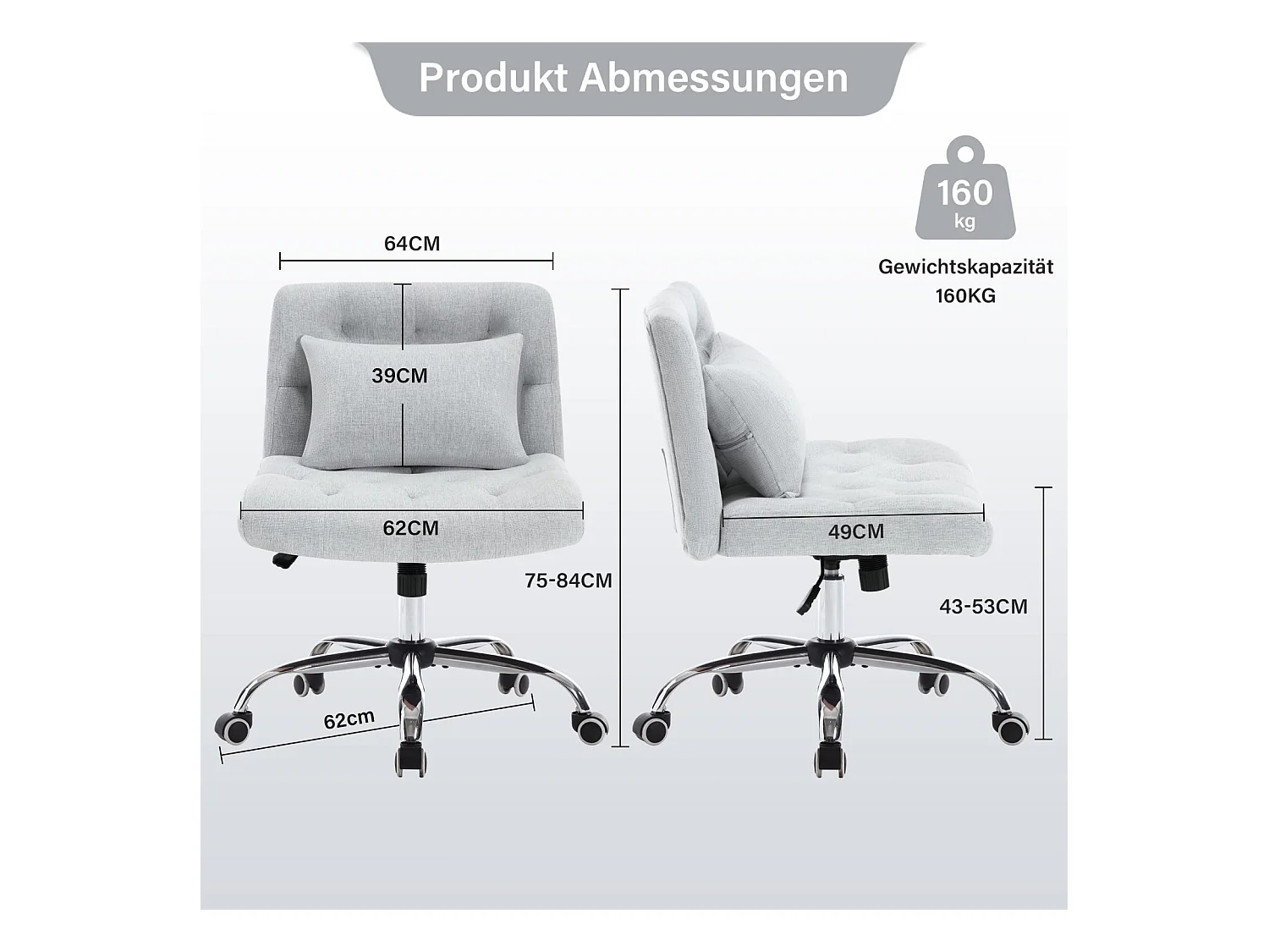 Chaise de bureau pivotante sans accoudoirs en lin avec coussin lombaire, siège avec roulettes pour chambre ou bureau, capacité 160 kg