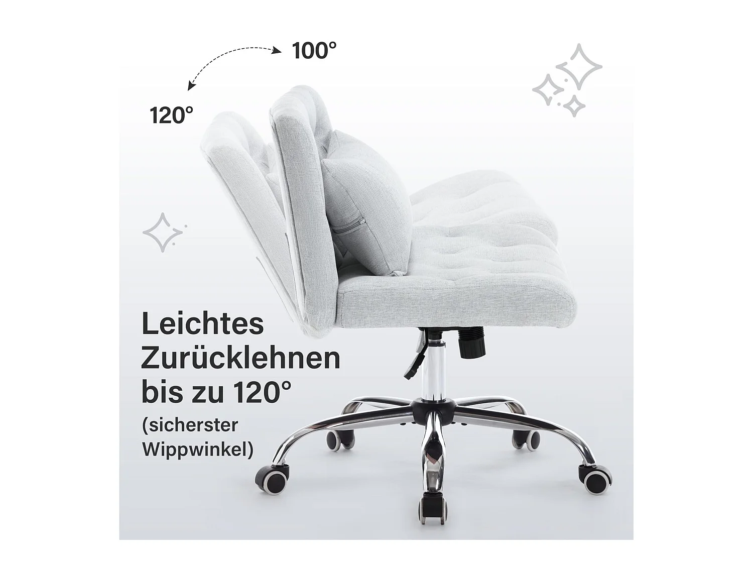 Chaise de bureau pivotante sans accoudoirs en lin avec coussin lombaire, siège avec roulettes pour chambre ou bureau, capacité 160 kg