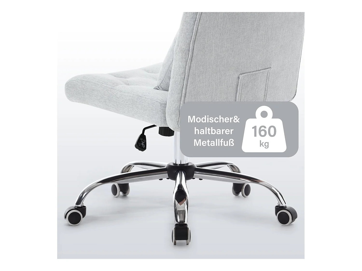 Chaise de bureau pivotante sans accoudoirs en lin avec coussin lombaire, siège avec roulettes pour chambre ou bureau, capacité 160 kg