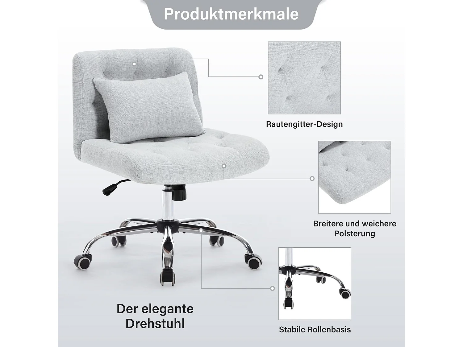 Chaise de bureau pivotante sans accoudoirs en lin avec coussin lombaire, siège avec roulettes pour chambre ou bureau, capacité 160 kg