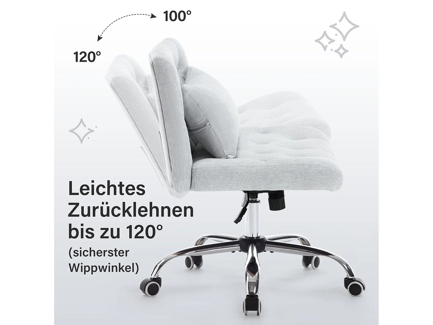 Chaise de bureau pivotante sans accoudoirs en lin avec coussin lombaire, siège avec roulettes pour chambre ou bureau, capacité 160 kg