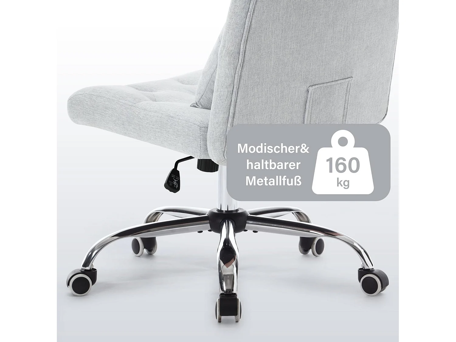 Chaise de bureau pivotante sans accoudoirs en lin avec coussin lombaire, siège avec roulettes pour chambre ou bureau, capacité 160 kg