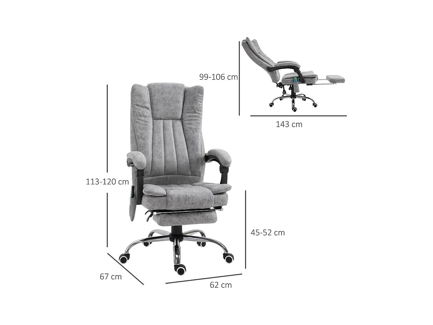 Chaise de massage avec chauffage, inclinable et fonction massage, repose-pieds, assise rembourrée épaisse, couleur gris