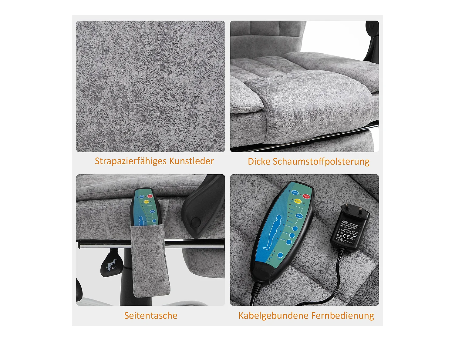 Chaise de massage avec chauffage, inclinable et fonction massage, repose-pieds, assise rembourrée épaisse, couleur gris