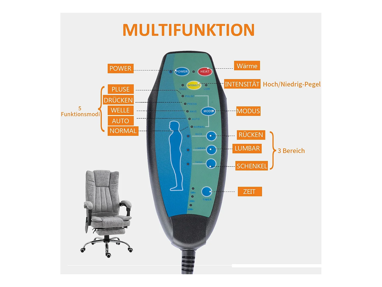 Chaise de massage avec chauffage, inclinable et fonction massage, repose-pieds, assise rembourrée épaisse, couleur gris